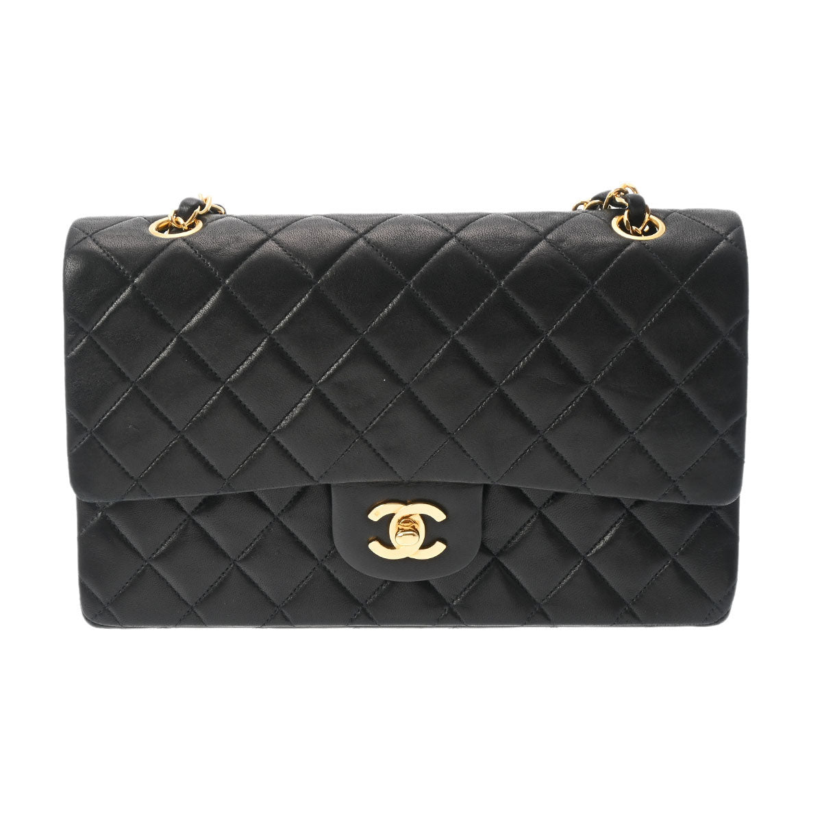 CHANEL シャネル マトラッセ Wフラップ チェーンショルダー 25cm 黒 ゴールド金具 A01112 レディース ラムスキン ショルダーバッグ ABランク 中古 