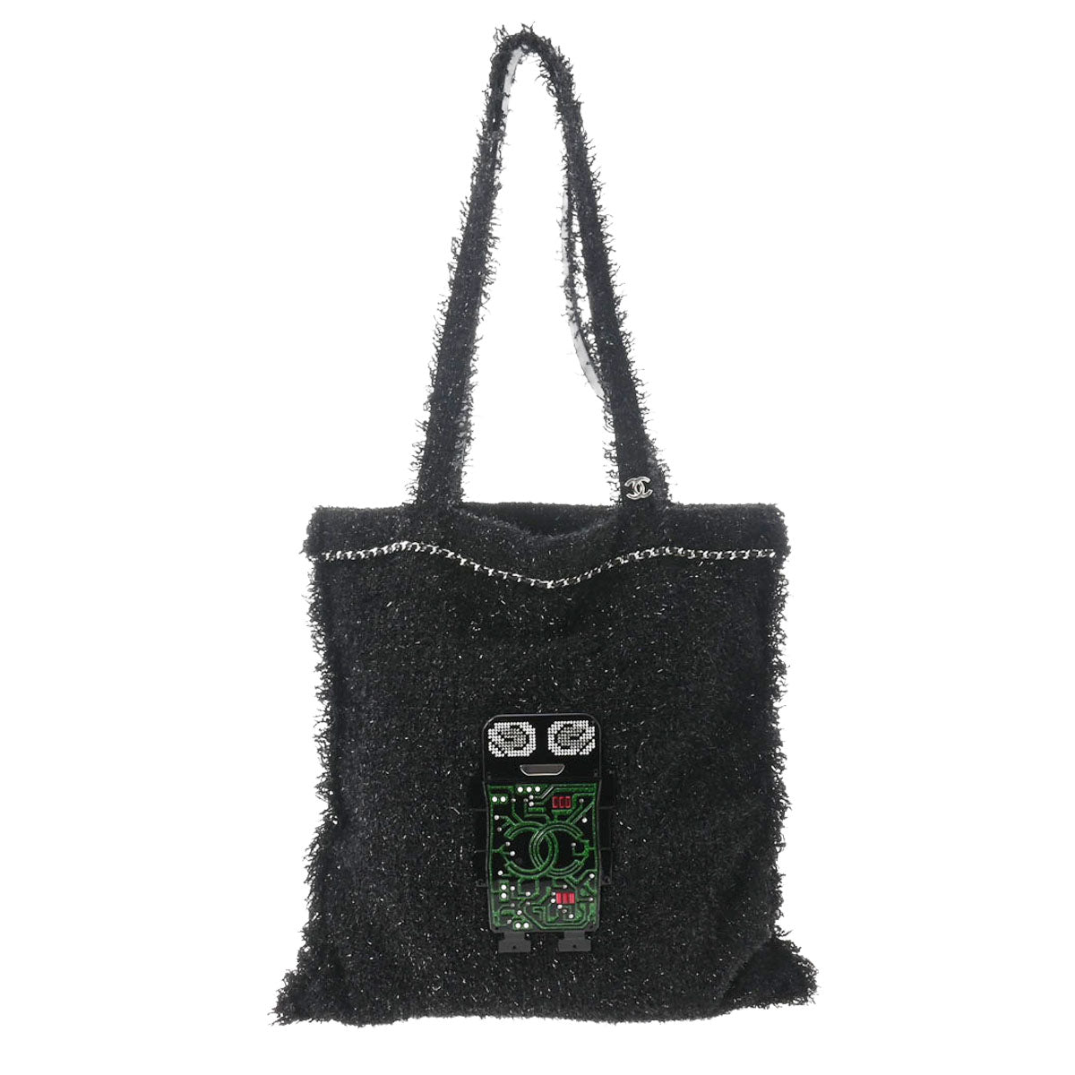 CHANEL シャネル ロボットラージ ショッピングトート 黒/グリーン シルバー金具 レディース ツイード レジン/ストラス トートバッグ Aランク 中古 