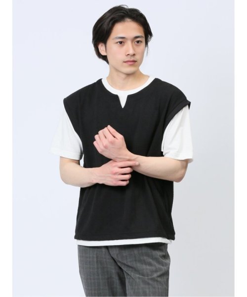 さまになる フェイクレイヤード キーネック半袖Tシャツ メンズ Tシャツ カットソー カジュアル インナー トップス ギフト プレゼント