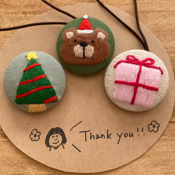 くるみボタン ヘアゴム クリスマス 刺繍　3個セット ツリー プレゼント くまちゃん