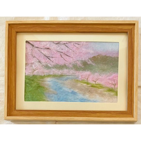 和紙ちぎり絵『のどかな小川と桜』葉書サイズ原画