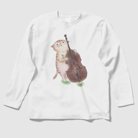 コントラバス猫の長袖Ｔシャツ(白)