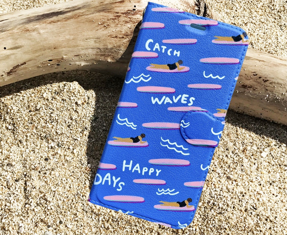 【カメラホール付】iPhone/Android 手帳型スマホケース CATCH WAVE キャッチウェーブ BLUE