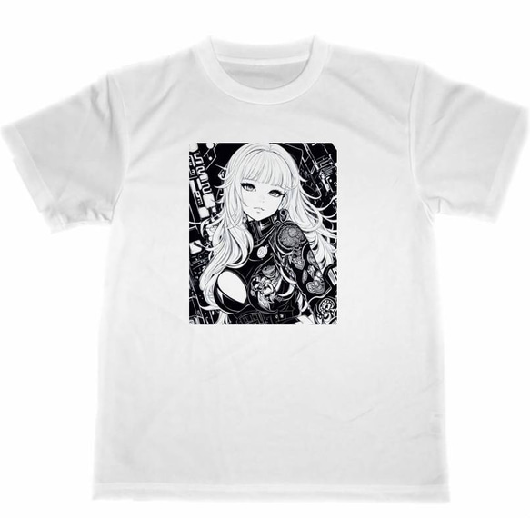 美女　ドライ　Tシャツ　オリジナル　イラスト　美少女　アニメ　グッズ　絵　近未来　モノクロ　可愛い