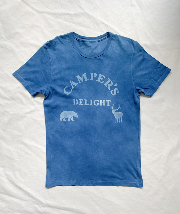 送料無料　藍染Tシャツ CAMPERS DELIGHT　キャンプ　BBQ キャンパーの喜び　絞り染め　鹿　熊　羽