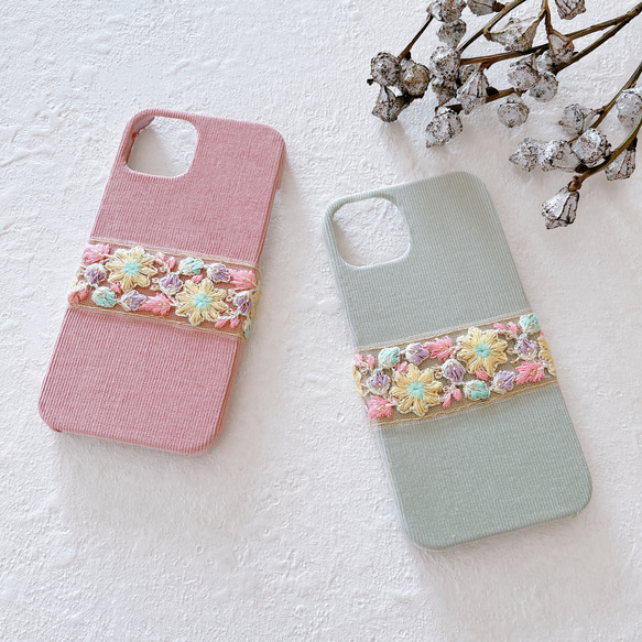 コーディロイのチュール刺繍リボン　iPhoneケース