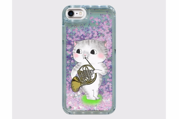 (iPhone用)ホルン猫のグリッタースマホケース【楽器ねこシリーズ】