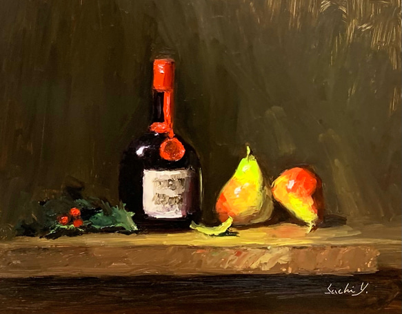 油彩画　Grand Marnier, Pears and Holly