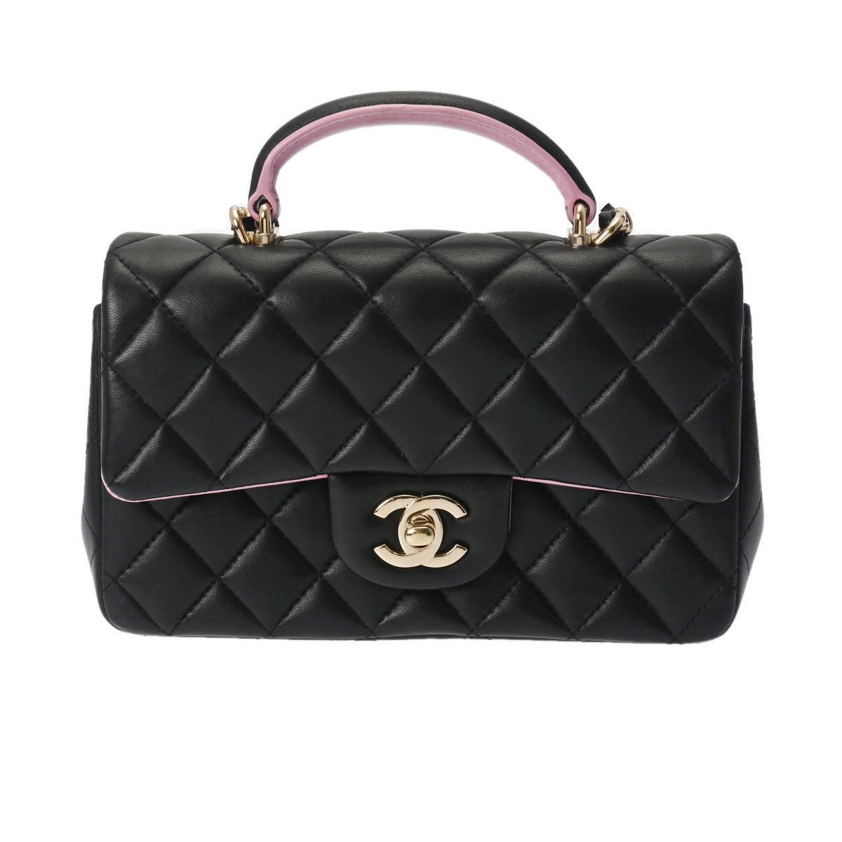 CHANEL シャネル マトラッセ トップハンドル ミニフラップバッグ 20cm 黒/ピンク ゴールド金具 AS2431 レディース ラムスキン ショルダーバッグ Aランク 中古 