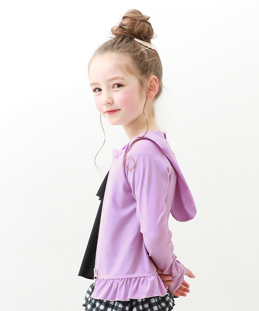 デビロック/裾フリル長袖ジップラッシュガード 子供服 キッズ 女の子 水着 プールグッズ 長袖ラッ･･･