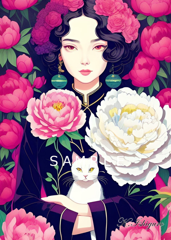 猫と女性と薔薇(昭和レトロ風イラスト)A4額付き　№s-1129