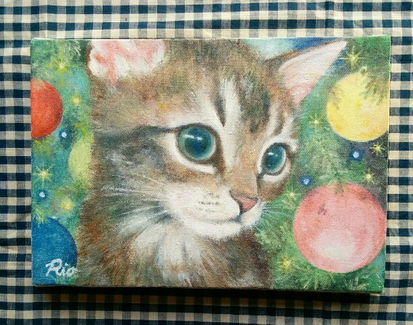 子猫とクリスマスツリーの絵　油絵原画「メリクリ」