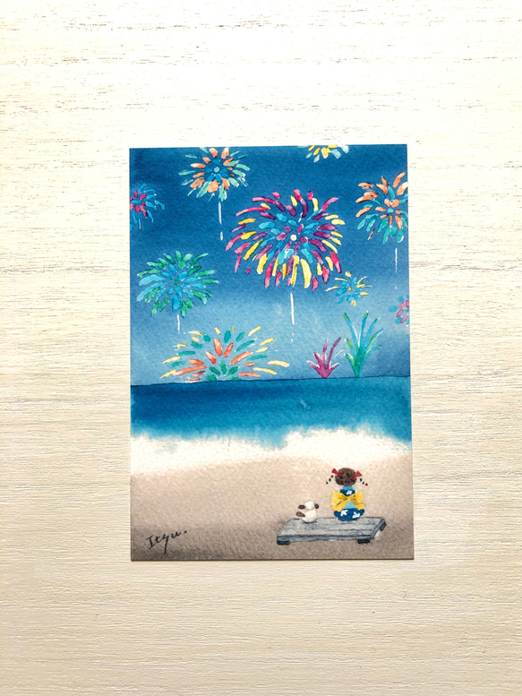 3枚セット「海辺の水中花火」水彩画イラストポストカード　暑中見舞い　残暑見舞い　海　犬　夏