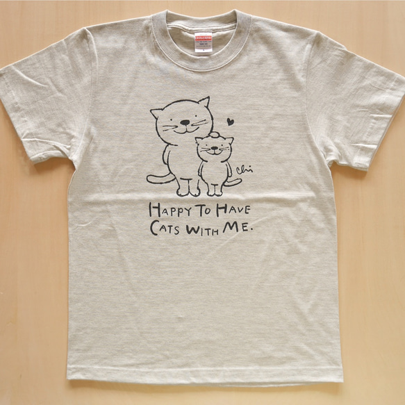 にゃんきーとすＴシャツ「ねこがいてよかった」オートミール