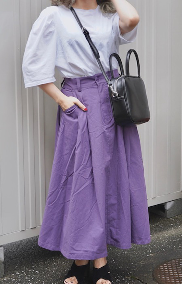 Tuck A-Line Flare Long Skirt (purple) ロングスカート パープル 紫 韓国風