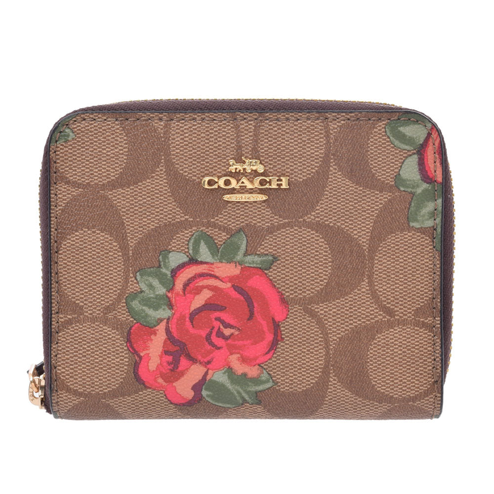 COACH コーチ シグネチャー/ローズ ラウンドファスナー財布 アウトレット 茶 F38704 レディース PVC 二つ折り財布 新同 中古 