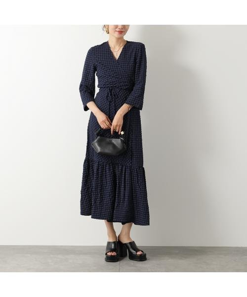 GANNI ワンピース Stretch Seersucker Gathered Midi Wrap Dress