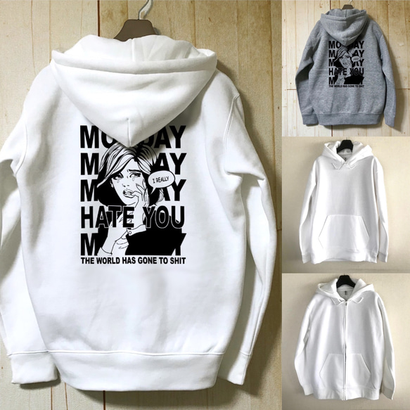 月曜は嫌いシリーズ / スウェットパーカー / White、Grey