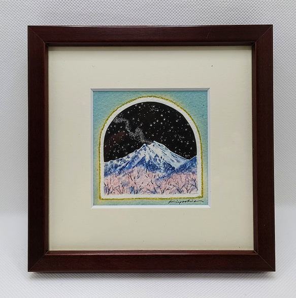 「桜と星と常念岳」　　水彩画　アート　安曇野　北アルプス　風景画　星座　銀河