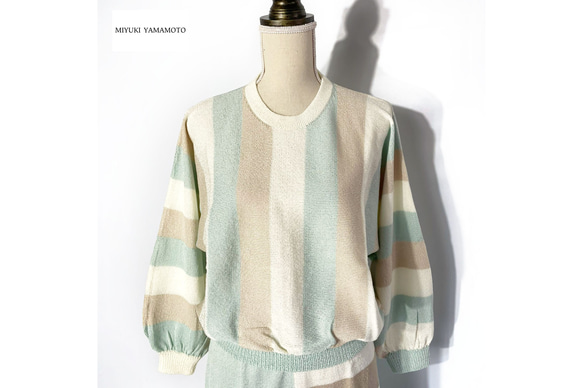 サマーニット✿ ミント ＆ ベージュ ストライプ トップス 　346 MINT BEIGE TOPS