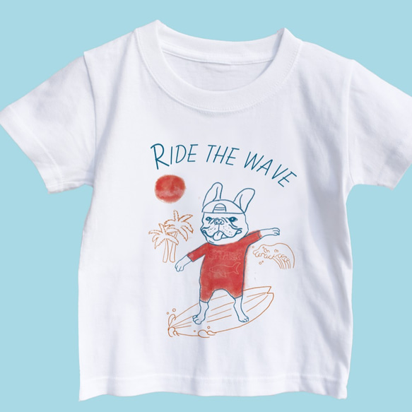 KIDSサイズ　サーフィンTシャツ　フレンチブルドッグ　旅行　お出かけ T　海　リラックス　親子コーデ　リンクコーデ