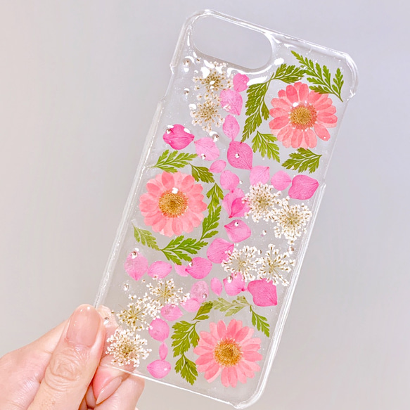 【全機種対応】ピンクグリーン 押し花スマホカバー♡iPhone新機種からAndroid系らくらくフォンすべて対応