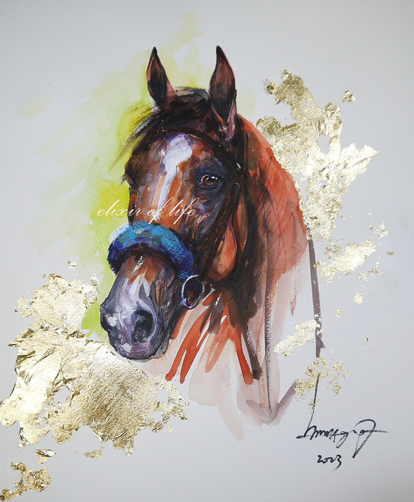 競走馬のポートレート　(墨絵、墨、水彩、金箔、高級水彩画用紙４６ｃｍ×３８ｃｍ)