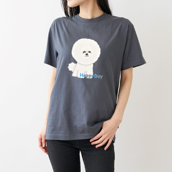 ビションフリーゼのHappy Day　ビッグプリント Tシャツ デニムグレー