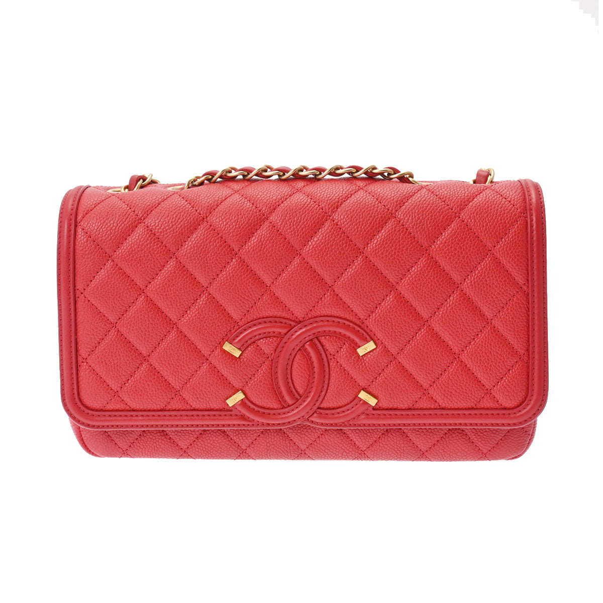 CHANEL シャネル CCフィリグリー チェーンショルダー レッド ゴールド金具 A93341 レディース キャビアスキン ショルダーバッグ Aランク 中古 