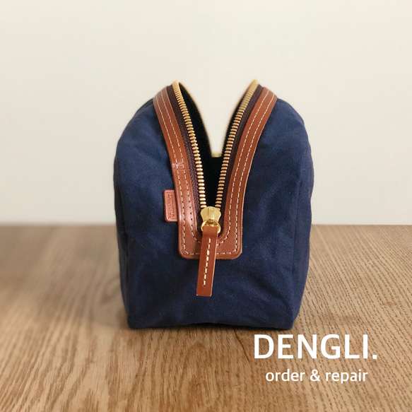 DENGLI.ポーチ/シカク/ネイビー×ヌメ革コンビ/パラフィン加工帆布/ポーチ/化粧ポーチ/大容量ポーチ