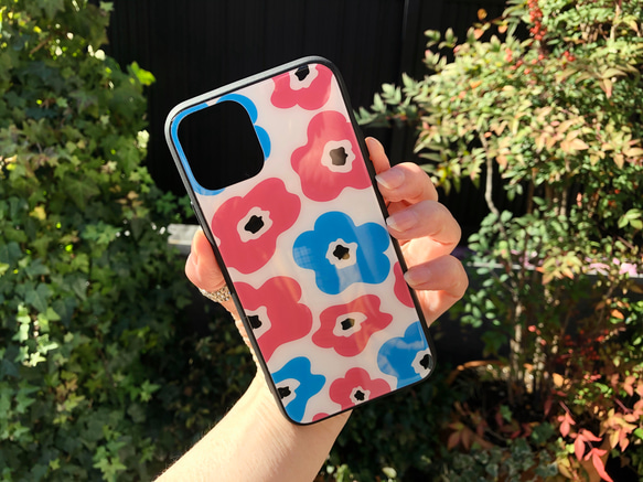 iPhone11/11pro/11proMaxケース 強化ガラス　北欧花柄　水色×ピンク