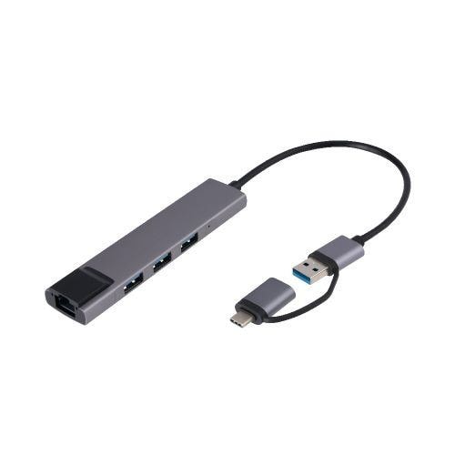 ナカバヤシ UH-C3L373GY USB Type-Aポートx3搭載ハブ Type-A&C 有線LAN変換アダプタ付きグレー