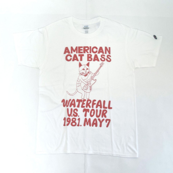 猫ツアーT「猫ベース」（レコードワッペン）　ホワイト　XLサイズ　WATERFALLオリジナル　生産数量限定品