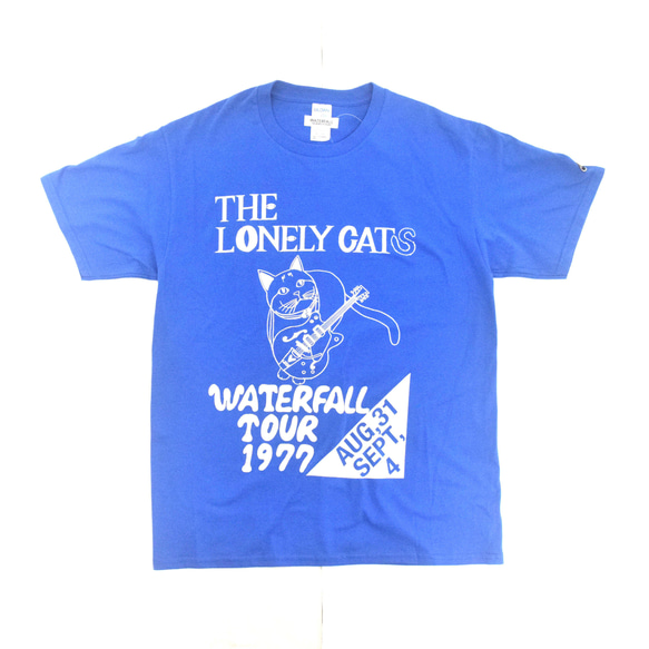 猫ツアーT「猫バンド」（レコードワッペン）　Rブルー　Sサイズ　22新色　WATERFALLオリジナル　生産数量限定品