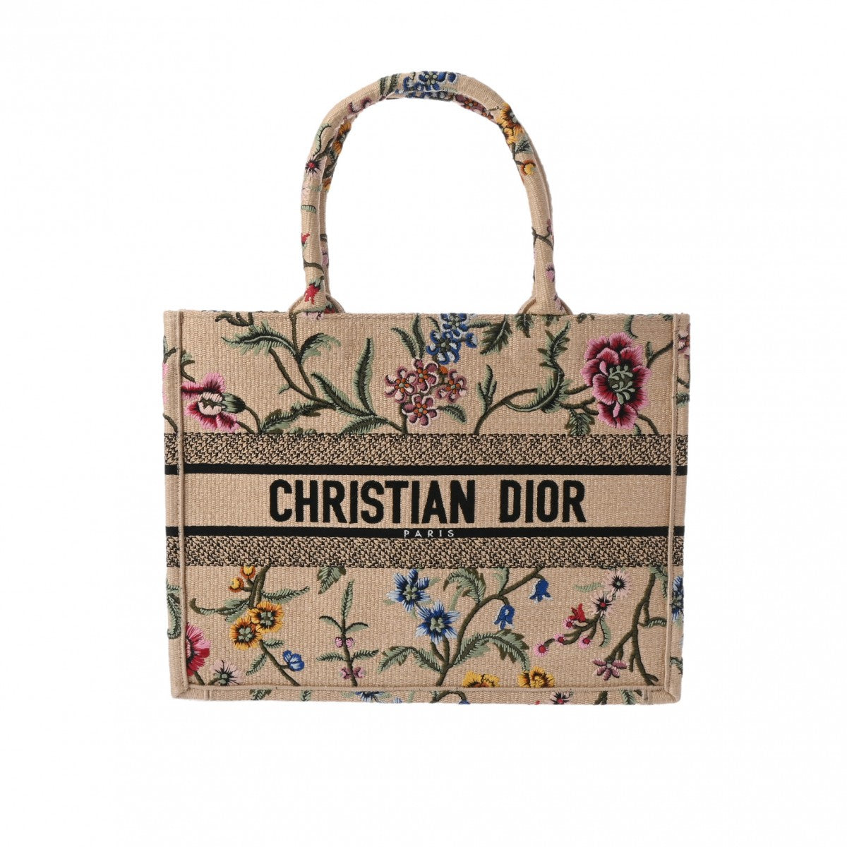 CHRISTIAN DIOR クリスチャンディオール ブックトート ミディアム 花束刺繍 ベージュ - レディース ラフィア ハンドバッグ Aランク 中古 