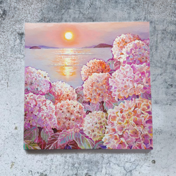 瀬戸内海の夕日と紫陽花 』油絵 油彩画 アート 風景画 花の絵 海