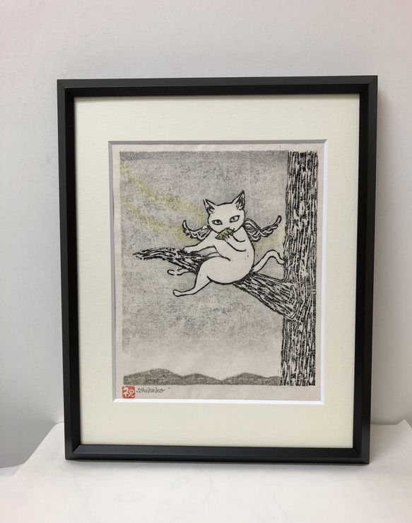 葉笛を吹くねこてん　木版画