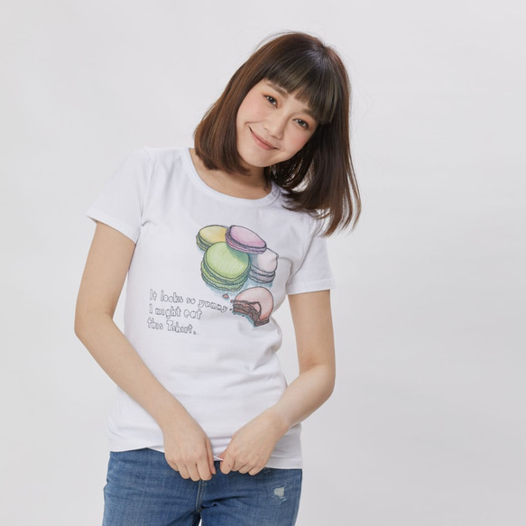 マカロン・ ピーチ起毛ソフトコットン・半袖・レディースTシャツ、ホワイト