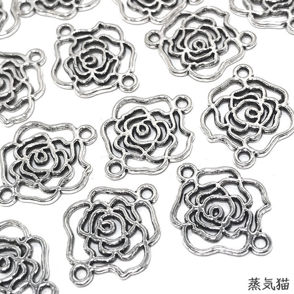 【コネクター】透かし薔薇チャーム 銀古美 20個【花 フラワーピアス イヤリング ハンドメイド用アクセサリーパーツ素材】