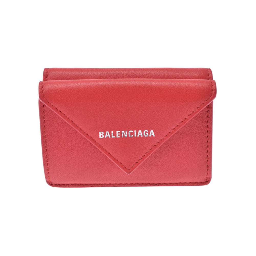 BALENCIAGA バレンシアガ ペーパーミニウォレット 赤 391446 レディース カーフ 三つ折り財布 新同 中古 