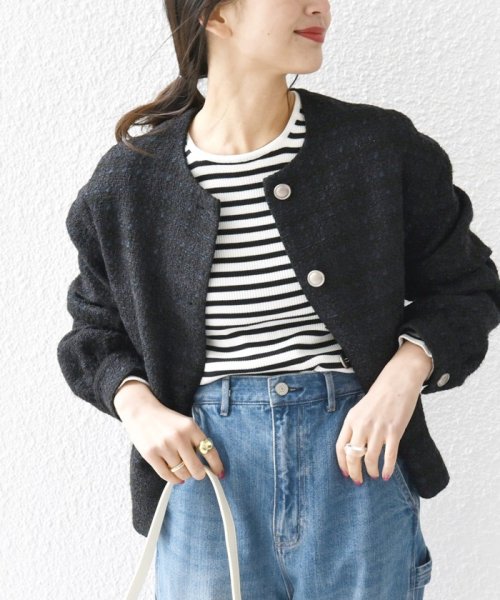 SHIPS any: ツイード パフスリーブ ショート ジャケット［NAVY BLUE］