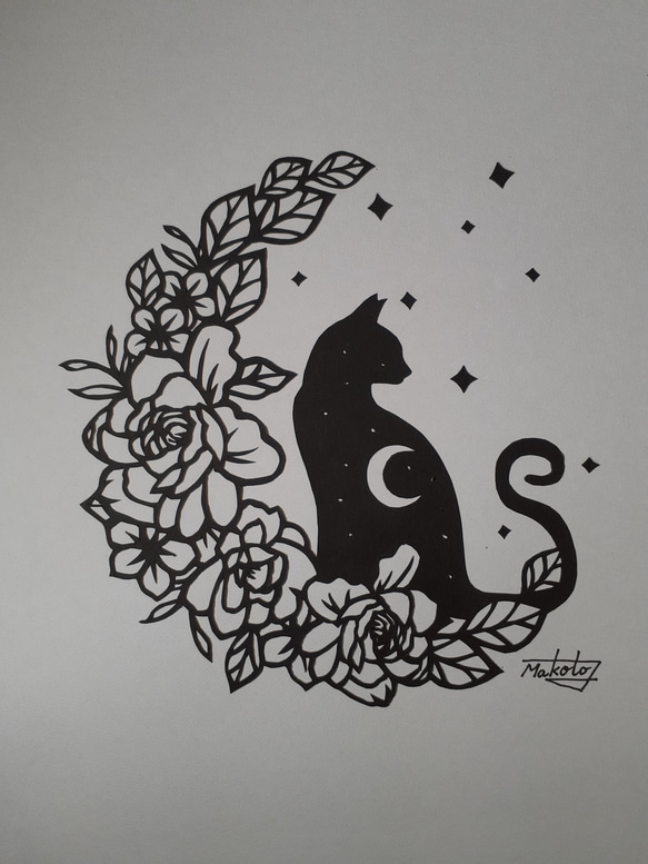 切り絵アート　星空の猫とバラの花