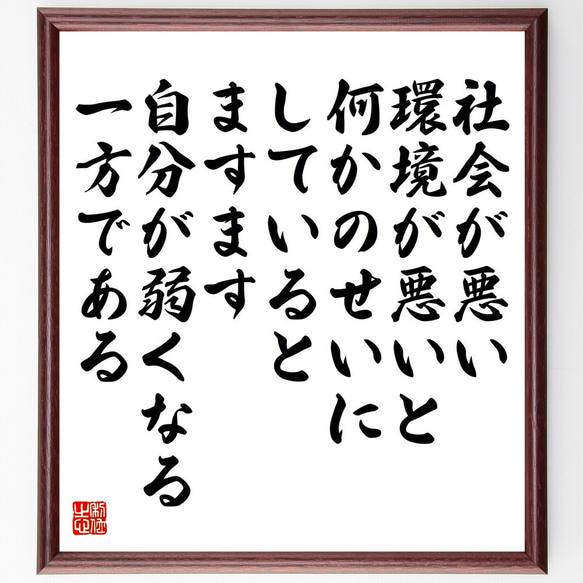 名言「社会が悪い、環境が悪いと、何かのせいに～」額付き書道色紙／受注後直筆（V5291)