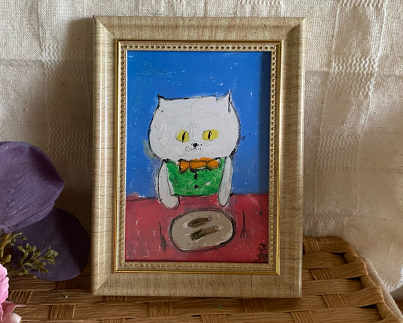 絵画。原画手描【洋食が好きなかわいい猫】