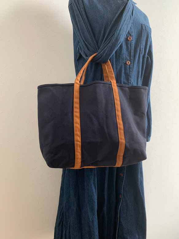 【creema限定】【A4対応】帆布　BASIC TOTE ( M ) ネイビー×キャメル (持ち手ショートタイプ)