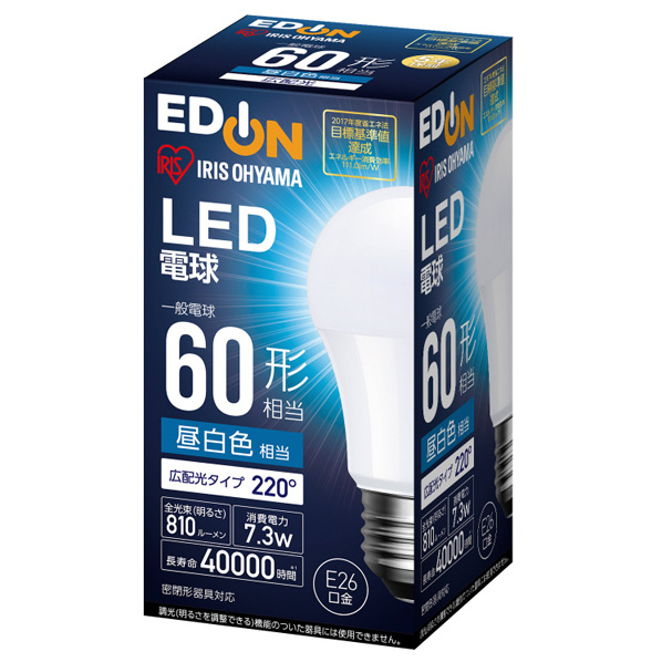 アイリスオーヤマ LED電球 E26口金 全光束810lm(7．3W 一般電球タイプ 広配光タイプ) 昼白色相当 オリジナル LDA7N-G-6EDA