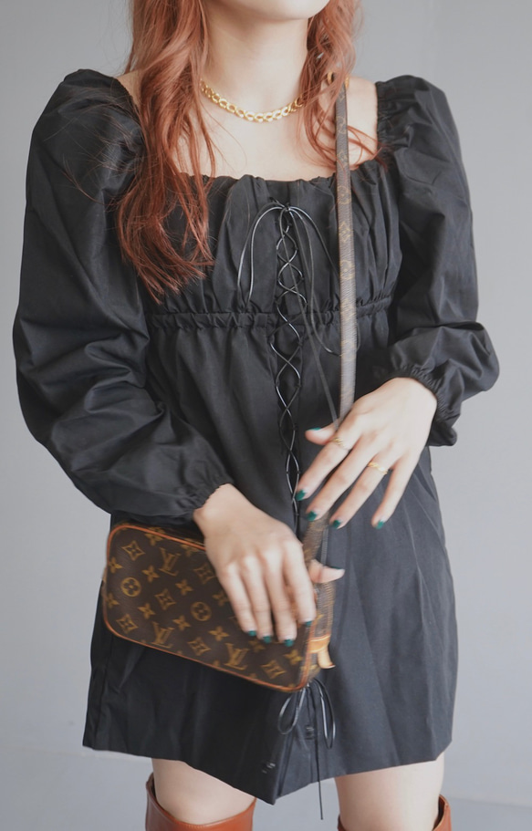 Lace-Up Puffsleeve Mini Onepiece（black） ミニ丈ワンピース ブラック 黒 ガーリー