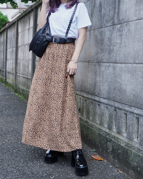 Leopard A-Line Long Skirt (brown) ロングスカート レオパード ヒョウ柄 カジュアル