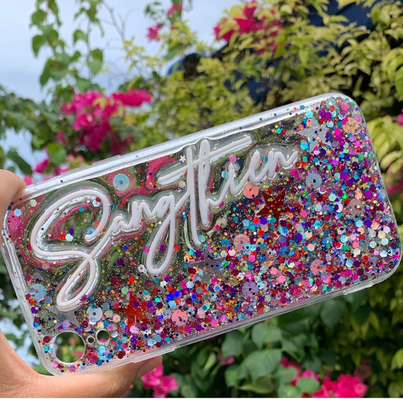 iphone galaxy xperia aquos 対応名前やロゴが入れられるglitterスマホケース