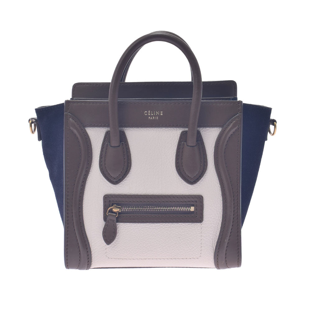 CELINE セリーヌ ラゲージ ナノショッパー 2WAY 旧ロゴ アイボリー/ブラック/カーキ ゴールド金具 レディース レザー/スエード ハンドバッグ Aランク 中古 